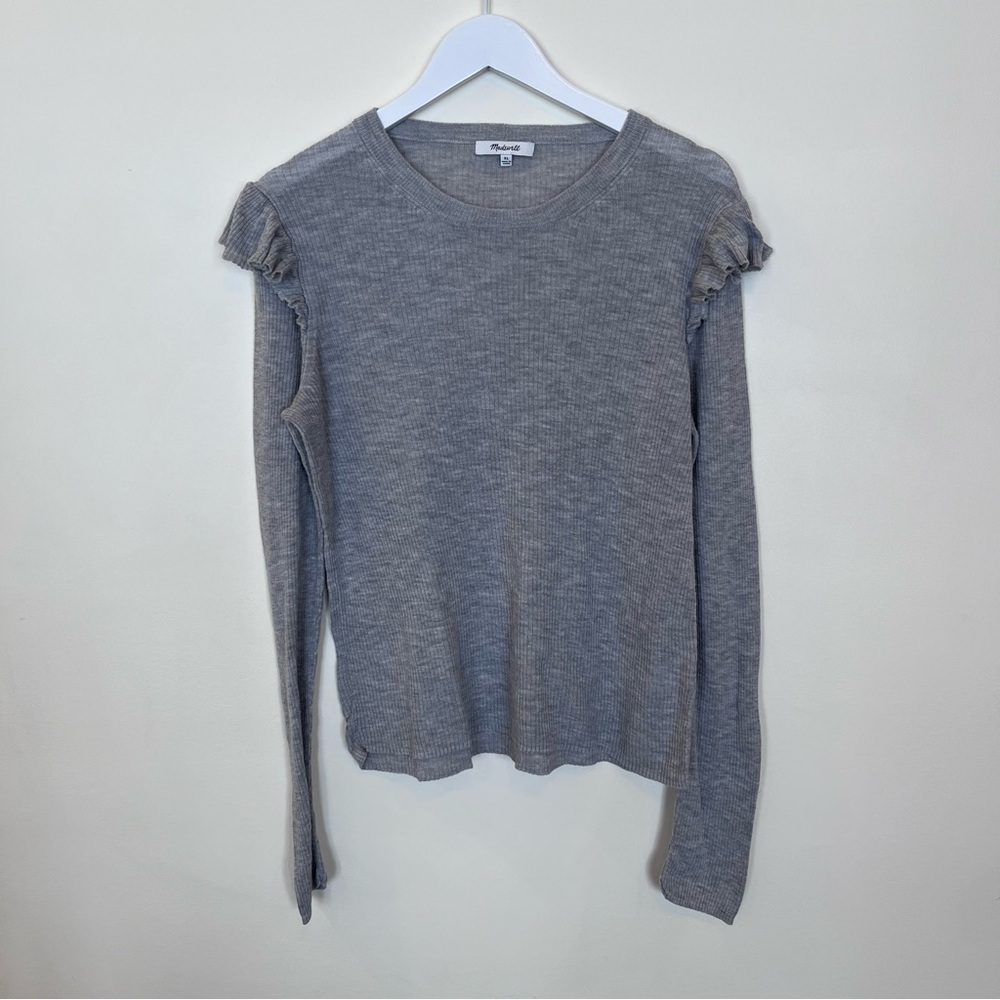 MADEWELL Ruffle Sleeve Sweater Gray Womens Xl Lightweight Stretch